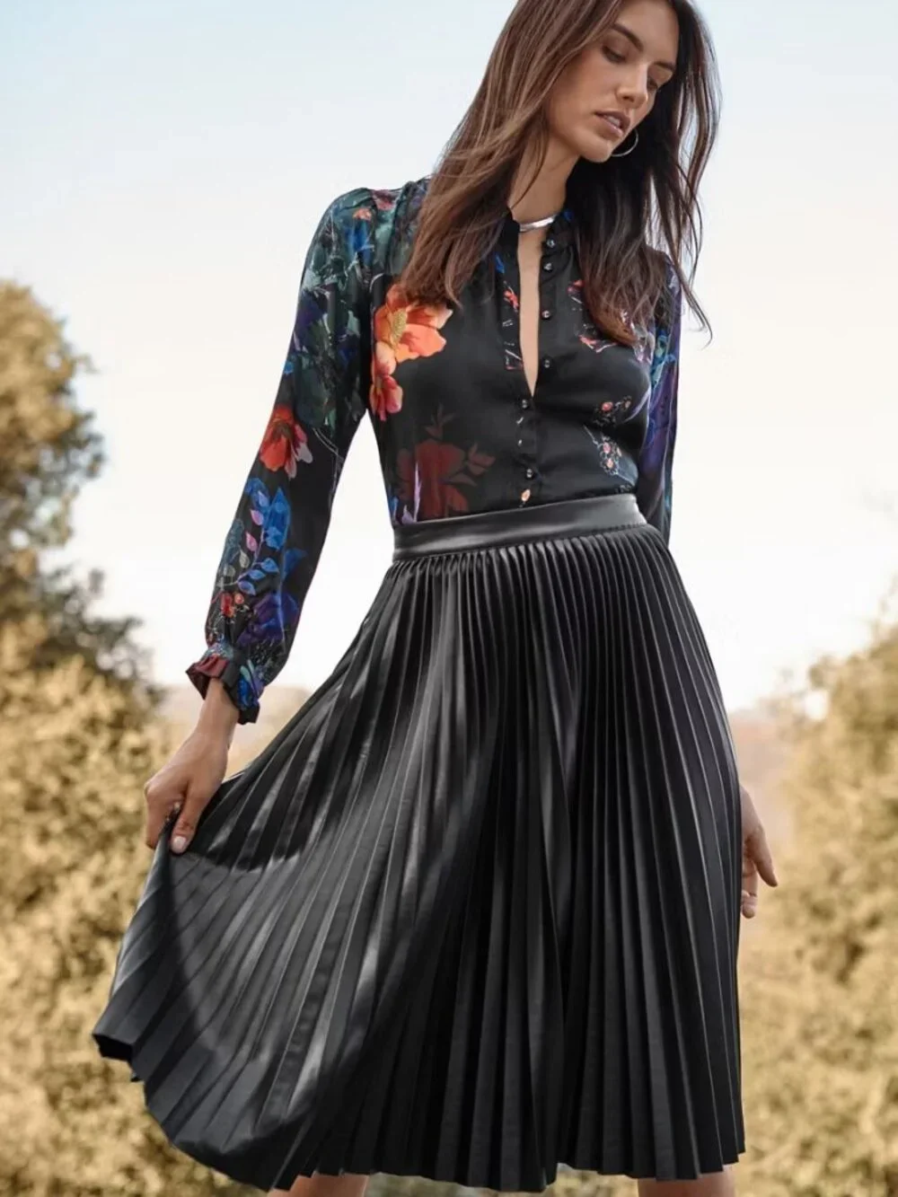 Johnny Was NWT Emmi Vegan Leather Pleated Midi Skirt in Black size 10